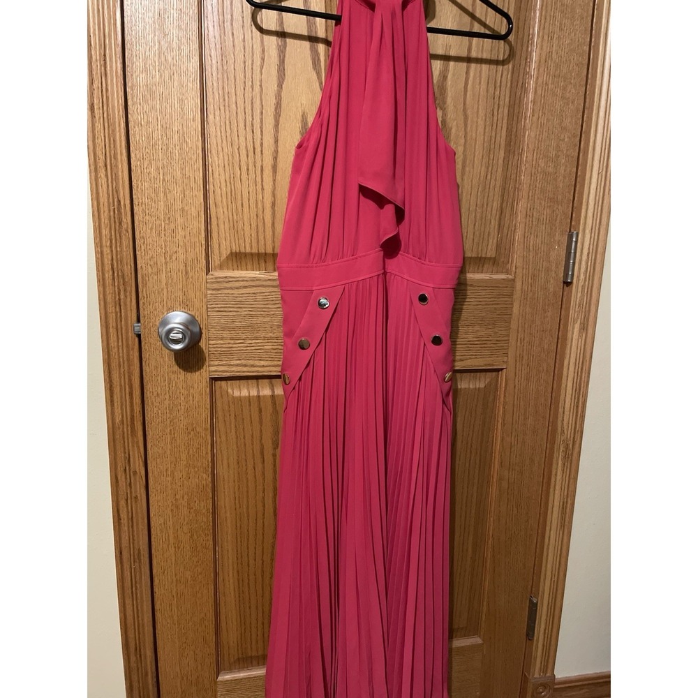 Reiss Red Pleated Halter Midi Dress Berry Pink Gold Button Detail Size 4 - Picture 6 of 14